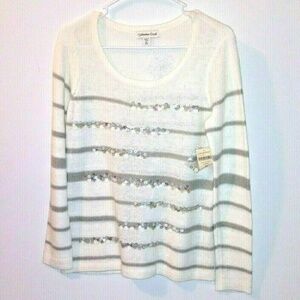 NWT COLDWATER CREEK sweater top silver sequins gray stripes LINEN BLEND